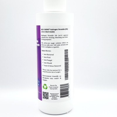 XO2 CHEMS Hydrogen Peroxide 6% Solution 250ml (Tech Grade) - High Strength